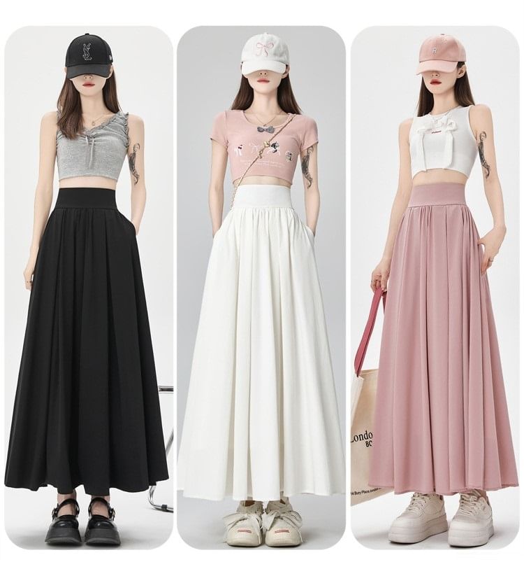 High Rise Plain Midi A-Line Skirt