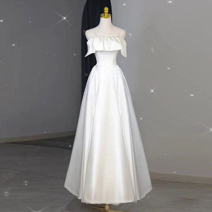 Strap Wedding Ruffle A-Line Spaghetti Plain Gown