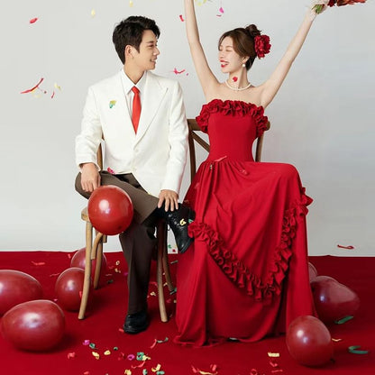 Plain Frill A-Line Evening Gown Strapless Trim