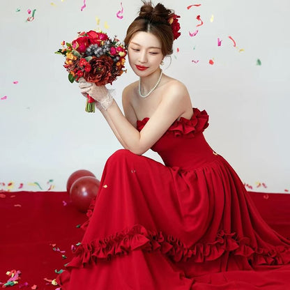 Plain Frill A-Line Evening Gown Strapless Trim