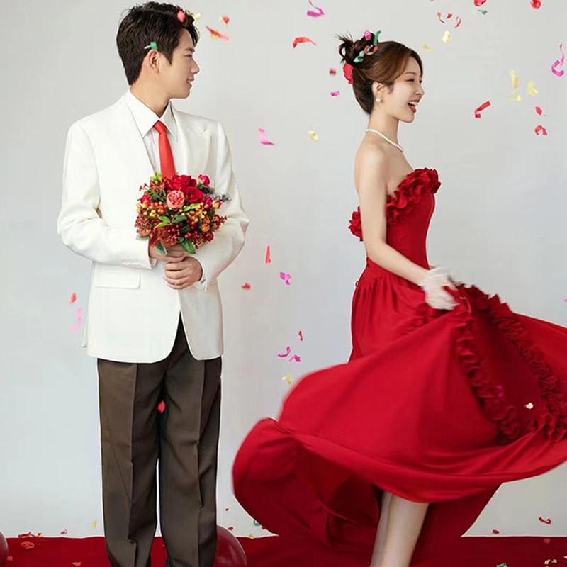 Plain Frill A-Line Evening Gown Strapless Trim