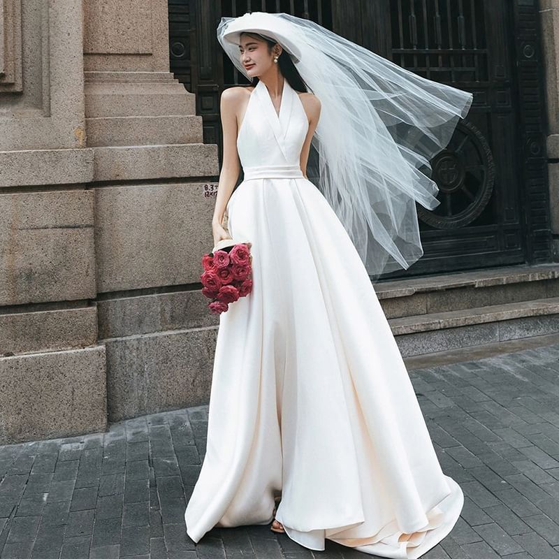 Gown Wedding Plain A-Line V-Neck Sleeveless