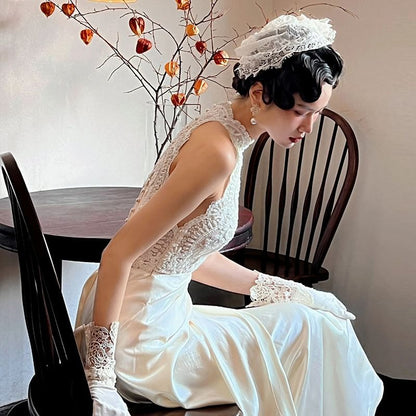 Lace Wedding Gown A-Line Trained Sleeveless