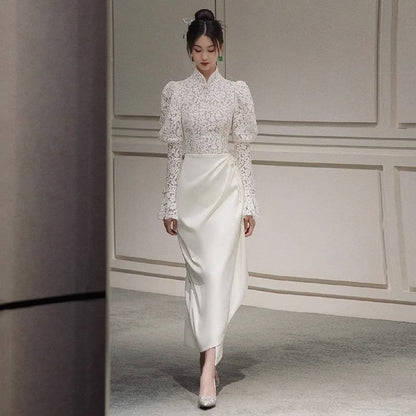 Gown Long-Sleeve Asymmetrical Sheath Evening Lace