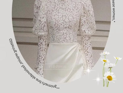 Gown Long-Sleeve Asymmetrical Sheath Evening Lace