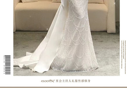 Off A-Line Trained Lace Evening Shoulder Gown