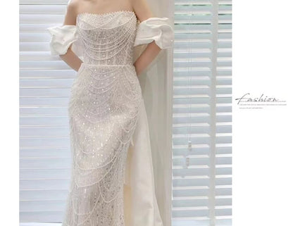 Off A-Line Trained Lace Evening Shoulder Gown