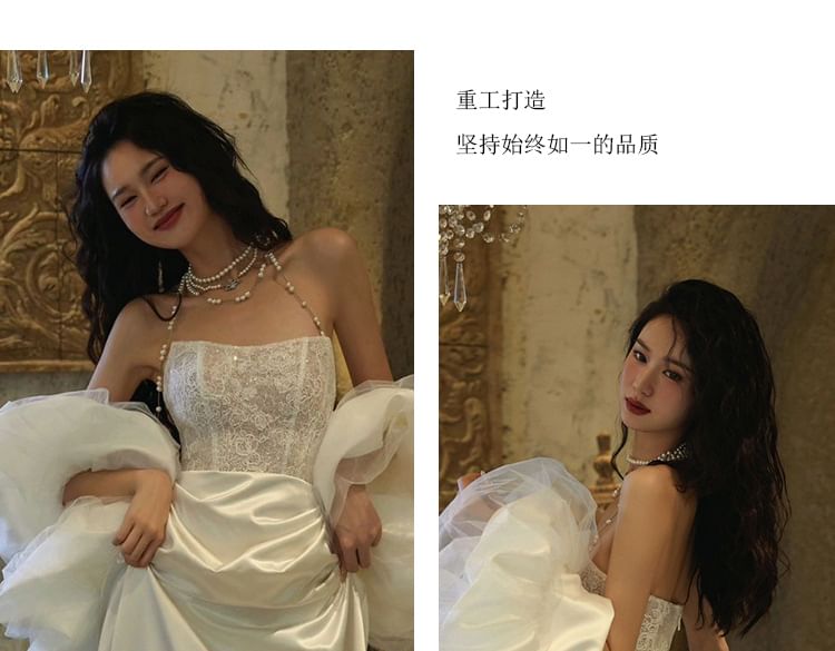 A-Line Trained Halter Neck Gown Evening Lace