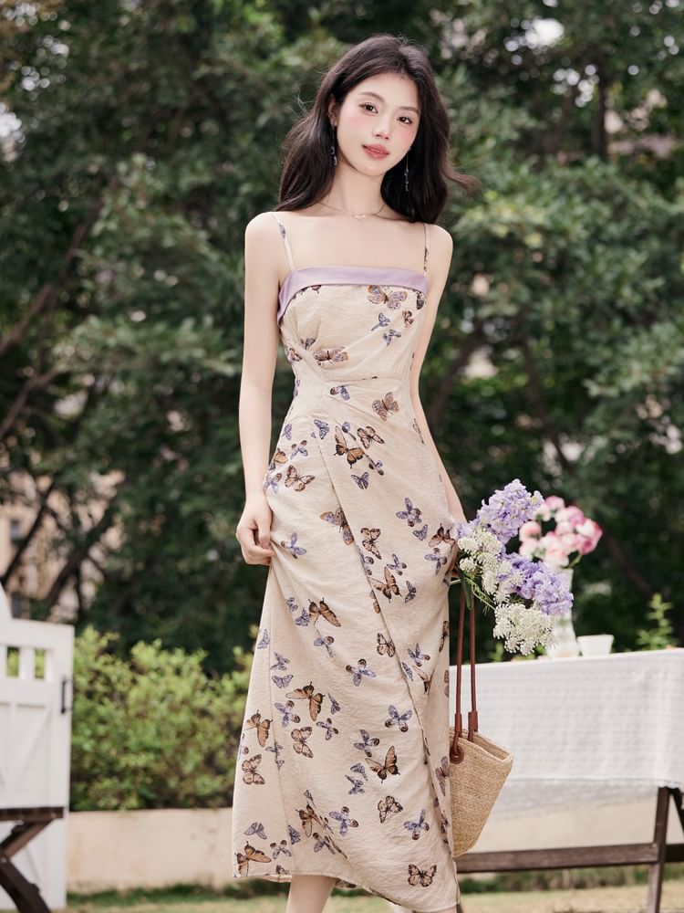 Plain Cardigan / Spaghetti Strap Butterfly Print Maxi Sundress / Set