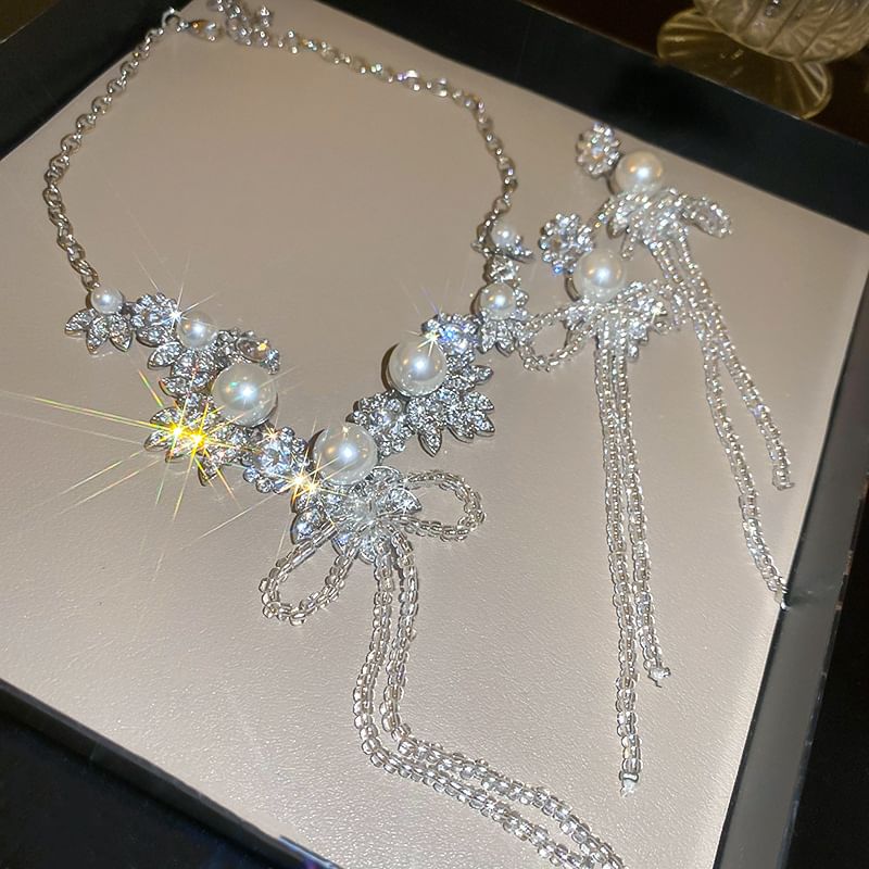 Rhinestone Ribbon Drop Earring / Necklace