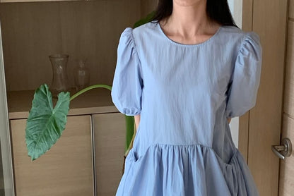 Short-Sleeve Crew Neck Plain Mini A-Line Dress