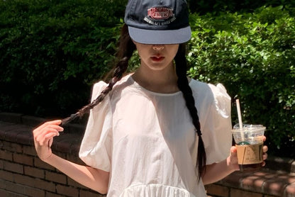 Short-Sleeve Crew Neck Plain Mini A-Line Dress