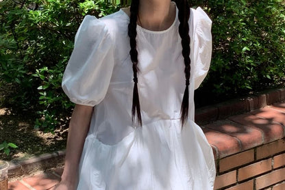 Short-Sleeve Crew Neck Plain Mini A-Line Dress