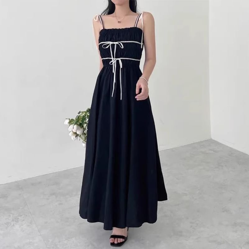 Spaghetti Strap Bow Accent Maxi A-Line Dress