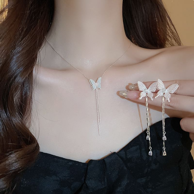 Butterfly Rhinestone Alloy Choker / Dangle Earring