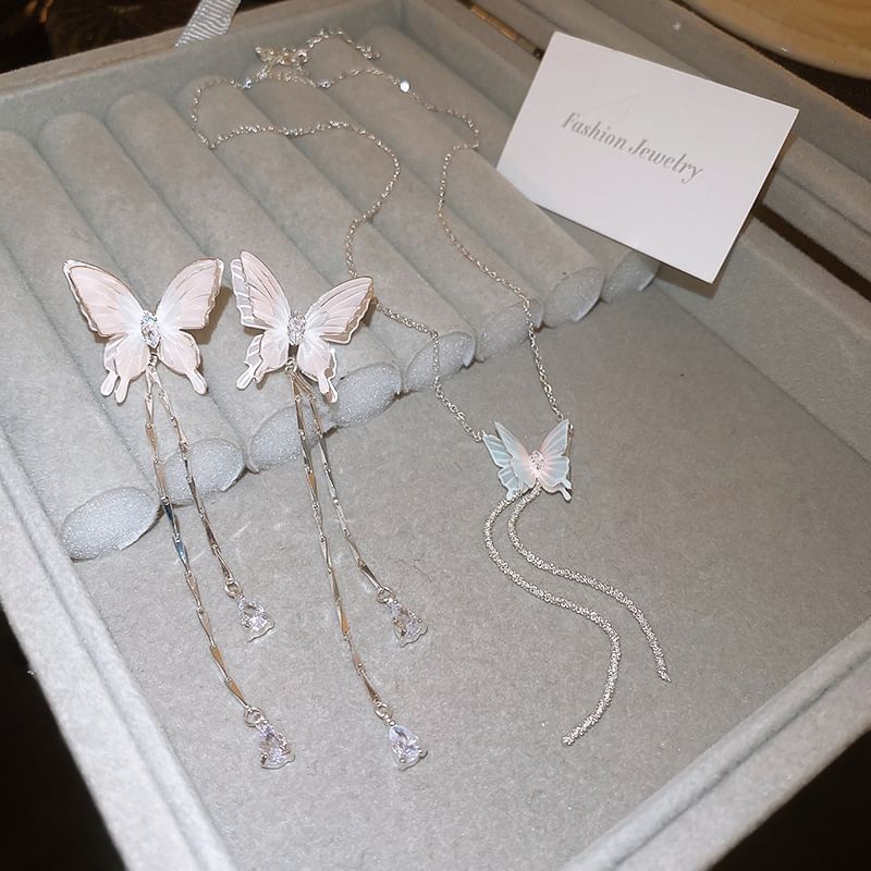 Butterfly Rhinestone Alloy Choker / Dangle Earring