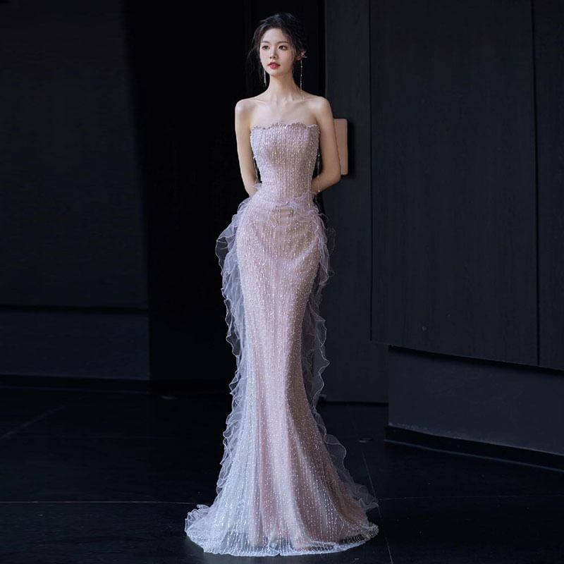 Evening Mermaid Gown Shoulder Off Ruffle Trim