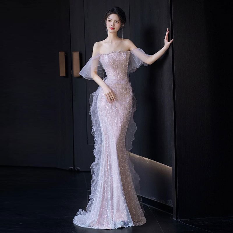 Evening Mermaid Gown Shoulder Off Ruffle Trim