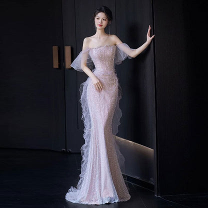 Evening Mermaid Gown Shoulder Off Ruffle Trim