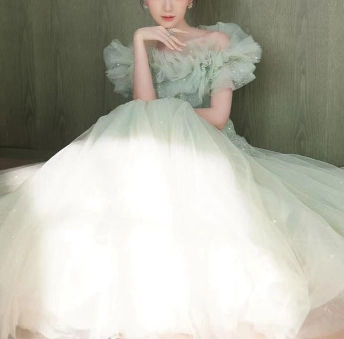 A-Line Off Ruffle Shoulder Trim Gown Evening