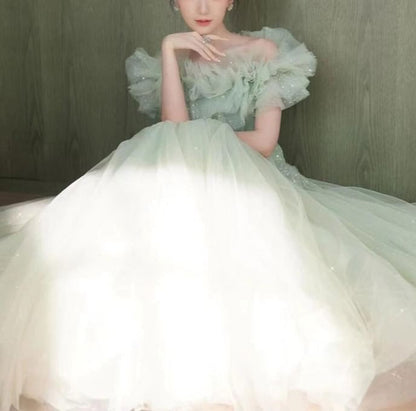 A-Line Off Ruffle Shoulder Trim Gown Evening