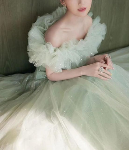 A-Line Off Ruffle Shoulder Trim Gown Evening