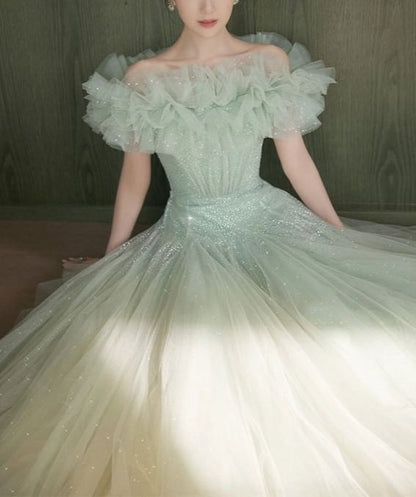 A-Line Off Ruffle Shoulder Trim Gown Evening