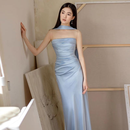 Sheath Plain Ruched Side-Slit Panel Gown Evening Mesh Sleeveless