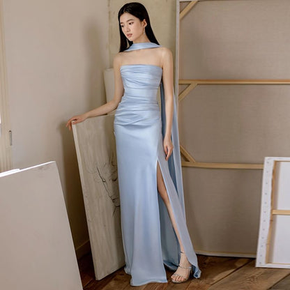 Sheath Plain Ruched Side-Slit Panel Gown Evening Mesh Sleeveless