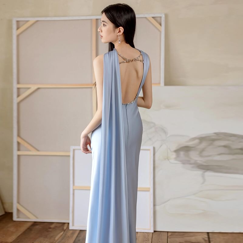 Sheath Plain Ruched Side-Slit Panel Gown Evening Mesh Sleeveless