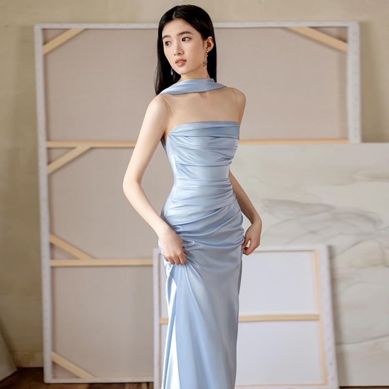 Sheath Plain Ruched Side-Slit Panel Gown Evening Mesh Sleeveless