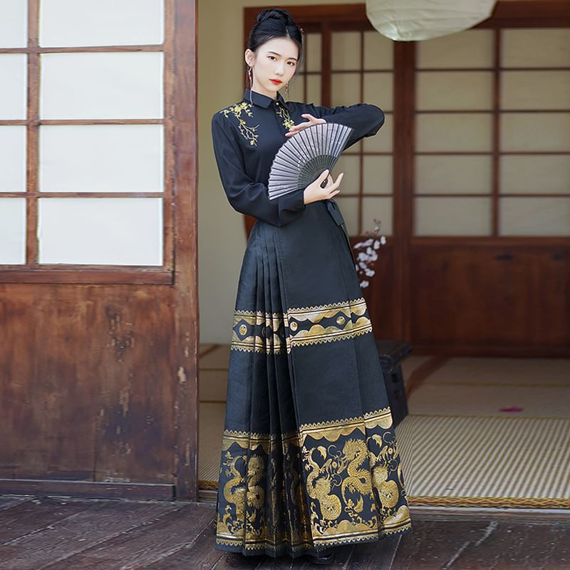 Flower Embroidered Shirt / High Rise Dragon Print Maxi Ma Mian Skirt / Arm Sleeves