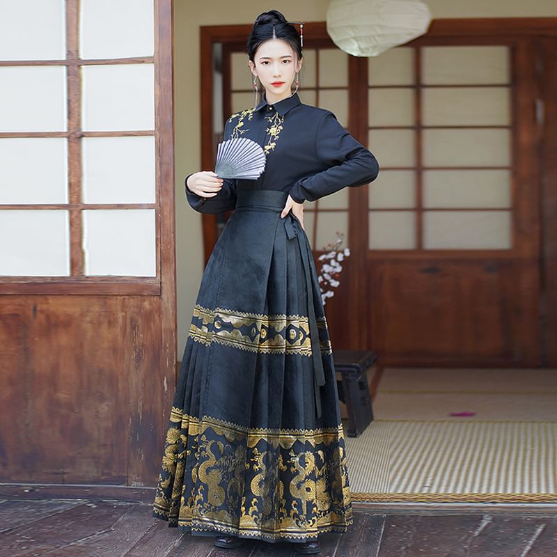 Flower Embroidered Shirt / High Rise Dragon Print Maxi Ma Mian Skirt / Arm Sleeves