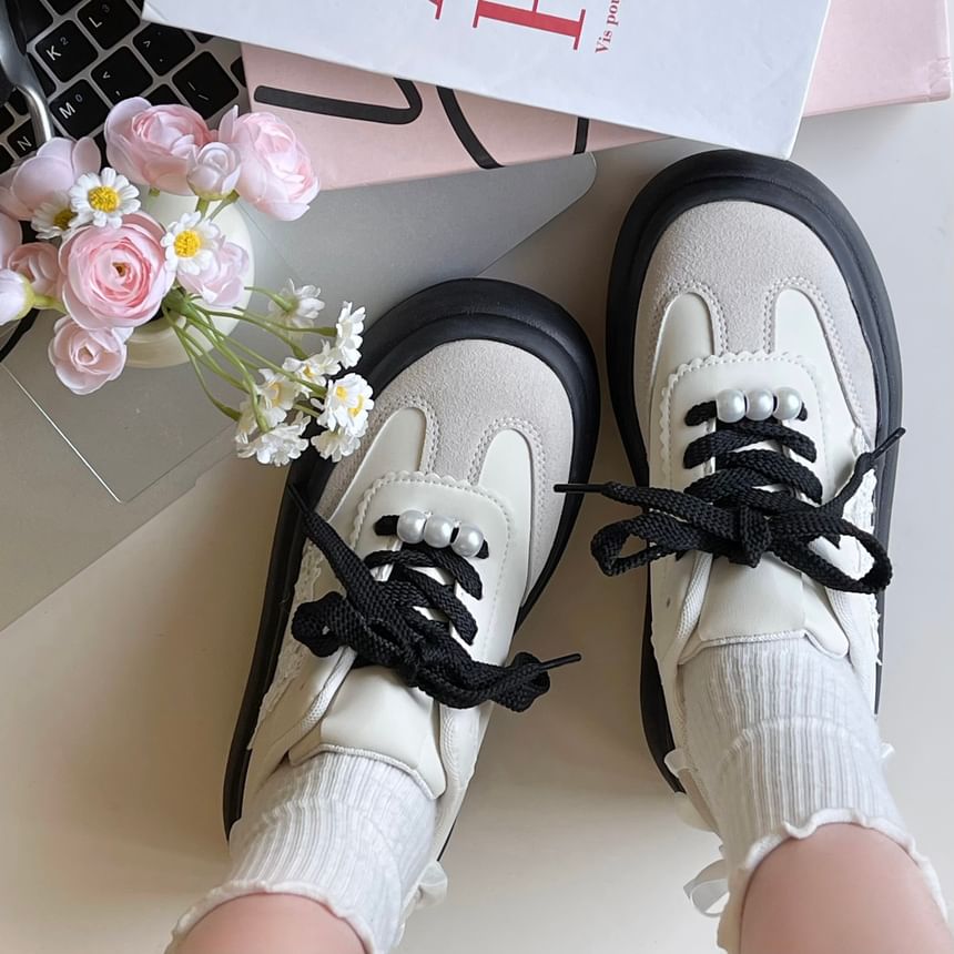 Platform Faux Pearl Bow Panel Sneakers