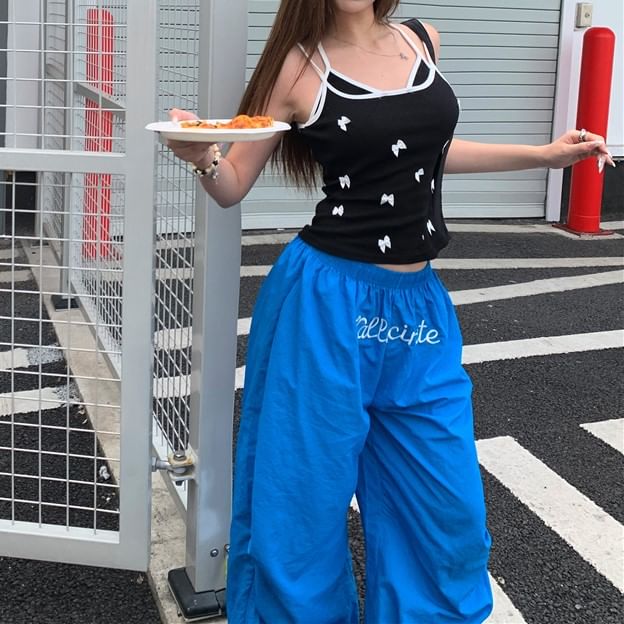 Bow Cami Top / Elastic Waist Plain Wide Leg Pants