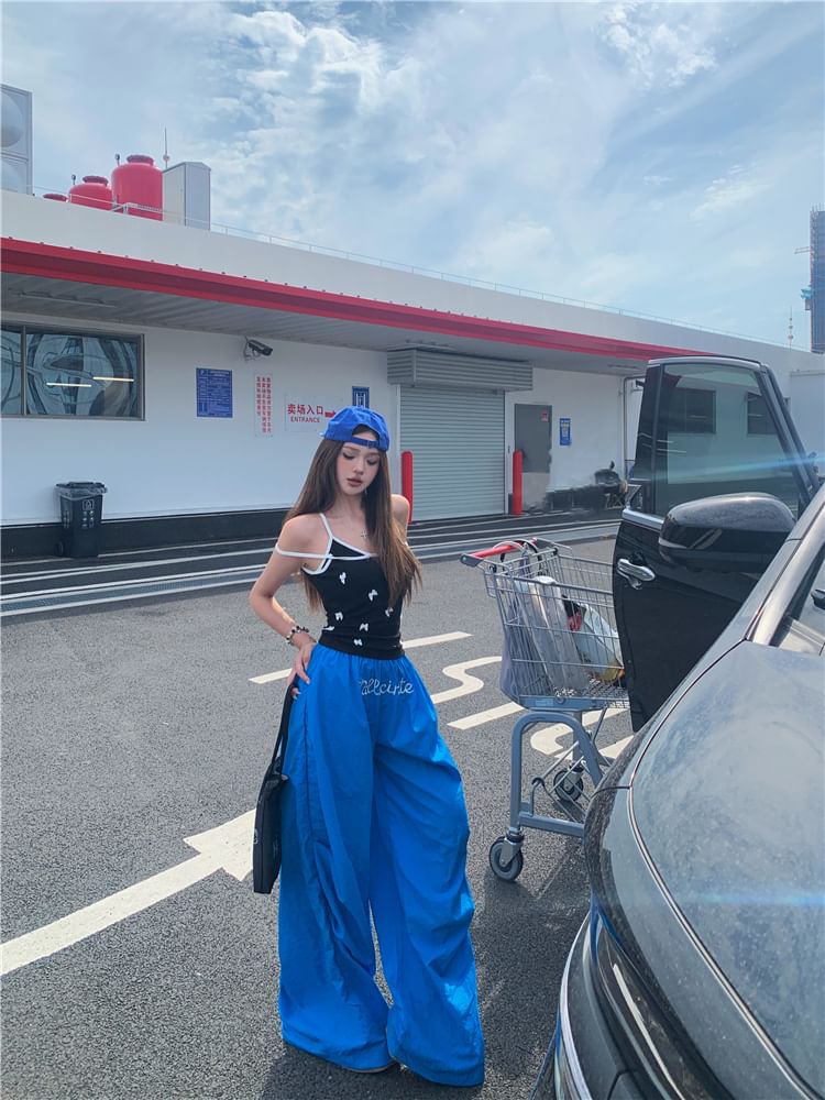 Bow Cami Top / Elastic Waist Plain Wide Leg Pants