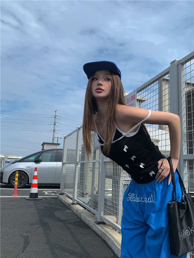 Bow Cami Top / Elastic Waist Plain Wide Leg Pants