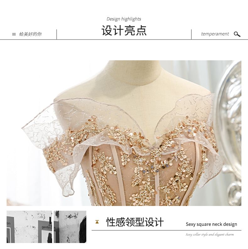 A-Line Shoulder Gown Sequin Mesh Evening Off Short-Sleeve