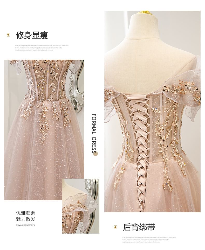 A-Line Shoulder Gown Sequin Mesh Evening Off Short-Sleeve
