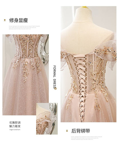 A-Line Shoulder Gown Sequin Mesh Evening Off Short-Sleeve
