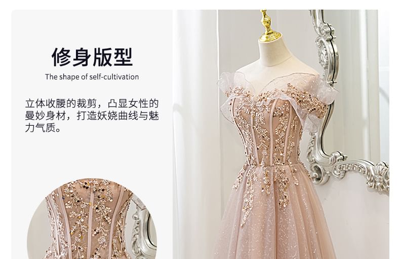 A-Line Shoulder Gown Sequin Mesh Evening Off Short-Sleeve