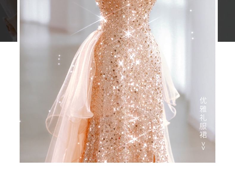 Spaghetti Strap Gown Mesh (Various Evening A-Line Designs) Sequin Panel