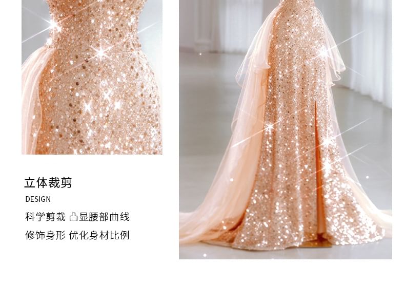 Spaghetti Strap Gown Mesh (Various Evening A-Line Designs) Sequin Panel