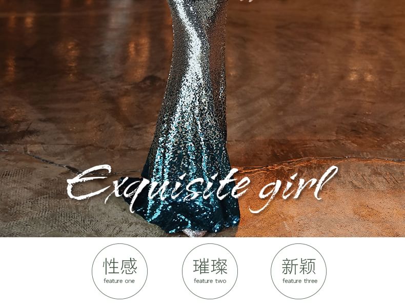 Sleeveless One Shoulder Sequin Gradient Mermaid Evening Gown