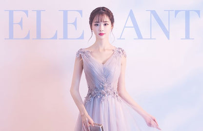 Sleeveless V-Neck Plain Floral Applique Ruched Mesh Mini A-Line Cocktail Dress / Evening Gown