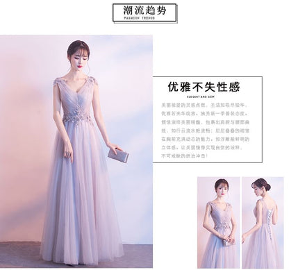 Sleeveless V-Neck Plain Floral Applique Ruched Mesh Mini A-Line Cocktail Dress / Evening Gown