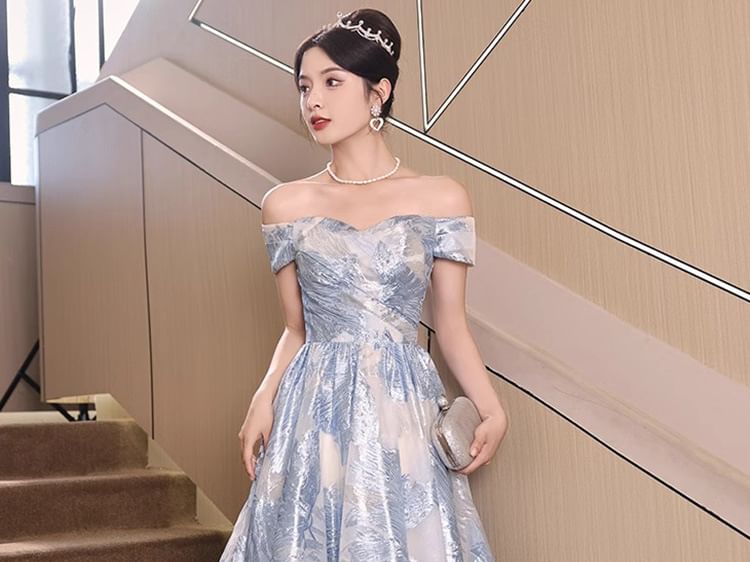 Short-Sleeve Off Shoulder Ruched Jacquard A-Line Evening Gown