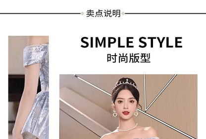 Short-Sleeve Off Shoulder Ruched Jacquard A-Line Evening Gown