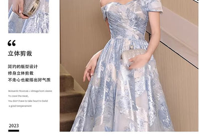 Short-Sleeve Off Shoulder Ruched Jacquard A-Line Evening Gown