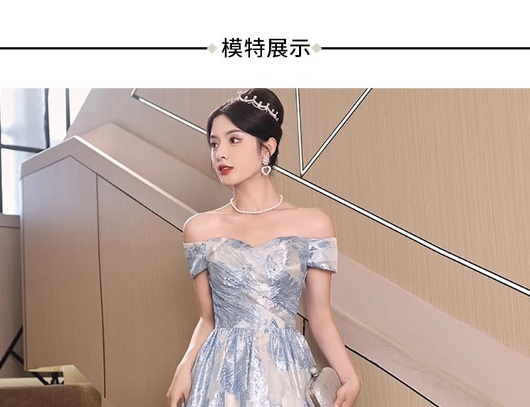 Short-Sleeve Off Shoulder Ruched Jacquard A-Line Evening Gown